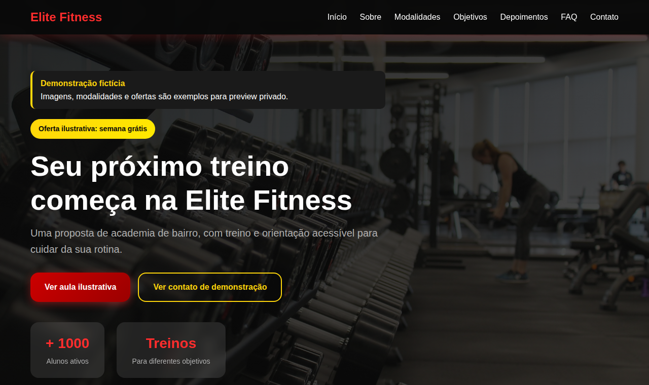 Captura real do site demonstrativo Elite Fitness, academia fictícia