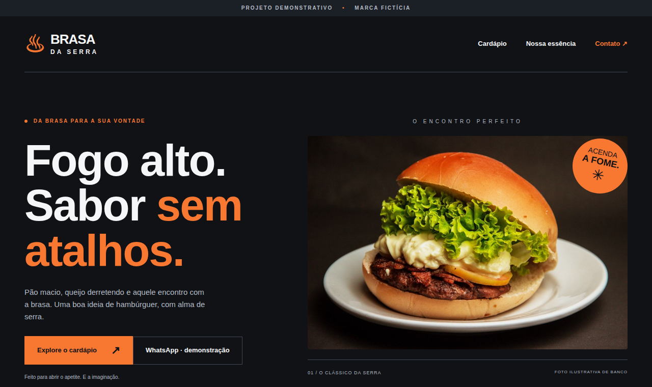 Captura real do site demonstrativo Brasa da Serra, hamburgueria fictícia