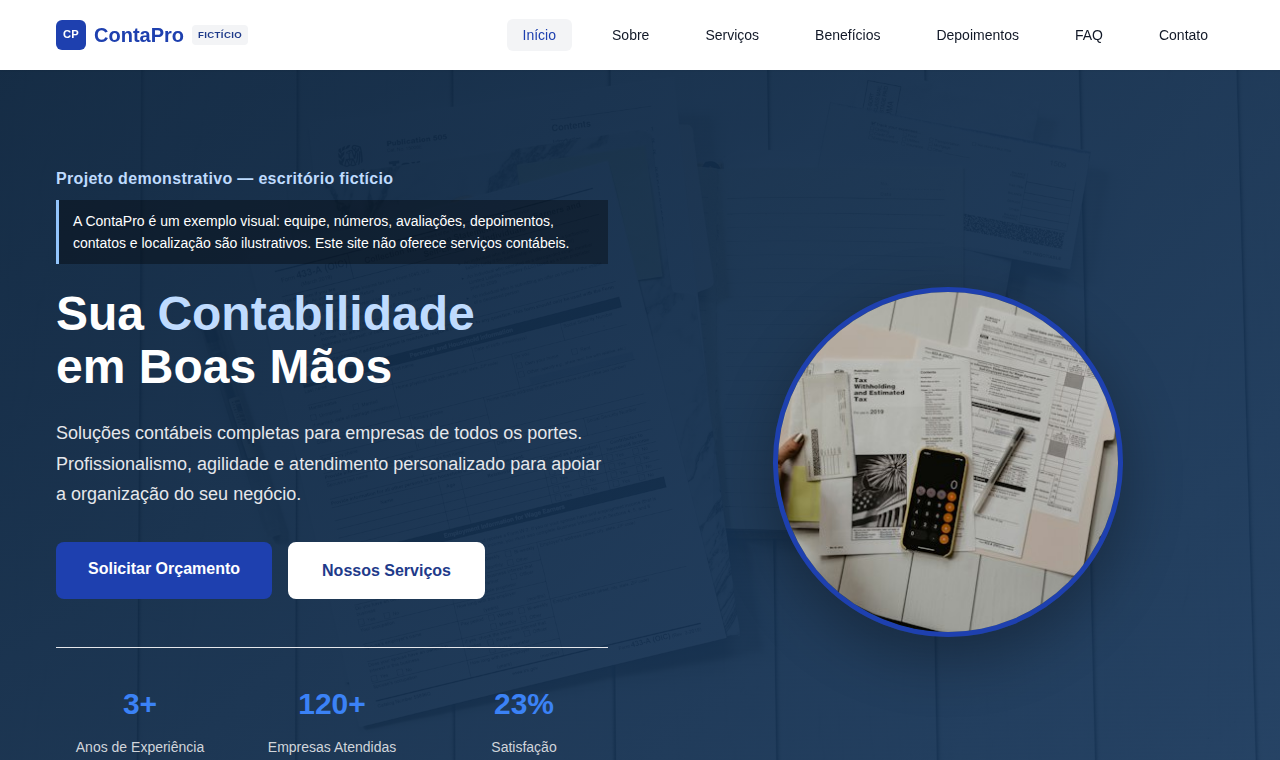 Captura real do site demonstrativo ContaPro, escritório de contabilidade fictício