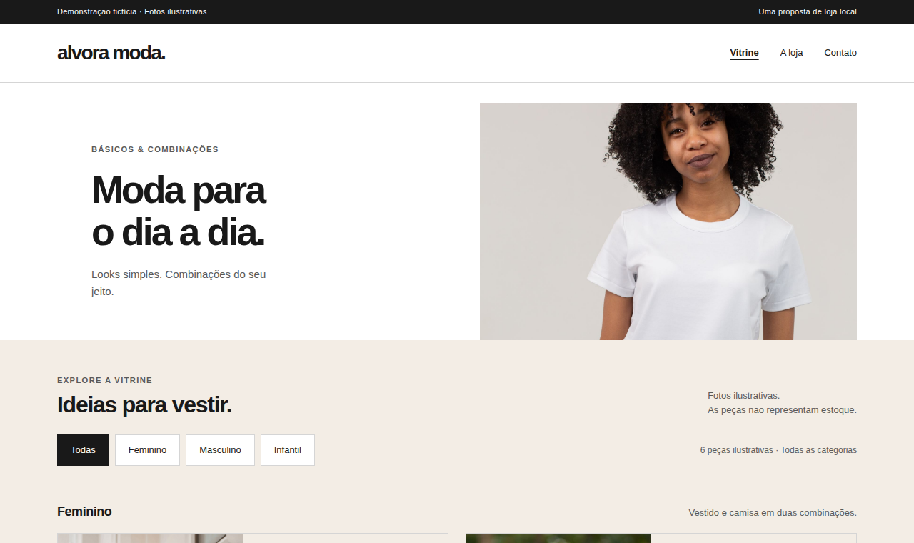 Captura real da demonstração Alvora Moda, loja de roupas fictícia